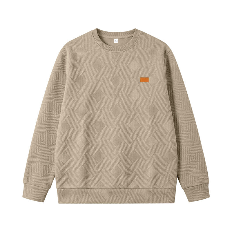 Unisex Texturierter Baumwoll-Crewneck-Sweatshirt mit Rautenstruktur und Lederpatch Drune