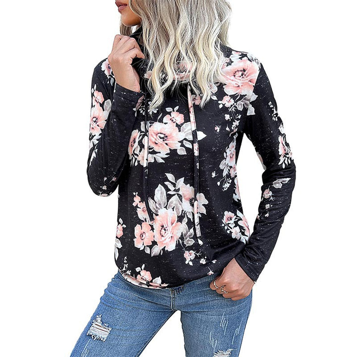 Damen Floraler Leichter Kapuzenpullover mit Wasserfallkragen und Tunnelzug Drune