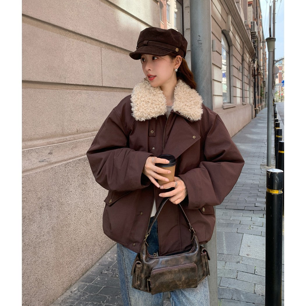 Damen Oversize-Kurzjacke mit Teddykragen und Pattentaschen Drune