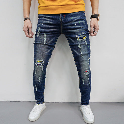 Herren Skinny Fit Jeans mit kreativen Farbklecksen und Rissdesign Drune