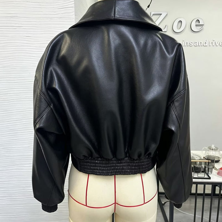 Damen Kunstleder-Bomberjacke mit hohem Stehkragen, asymmetrischem Verschluss und elastischem Saum Drune