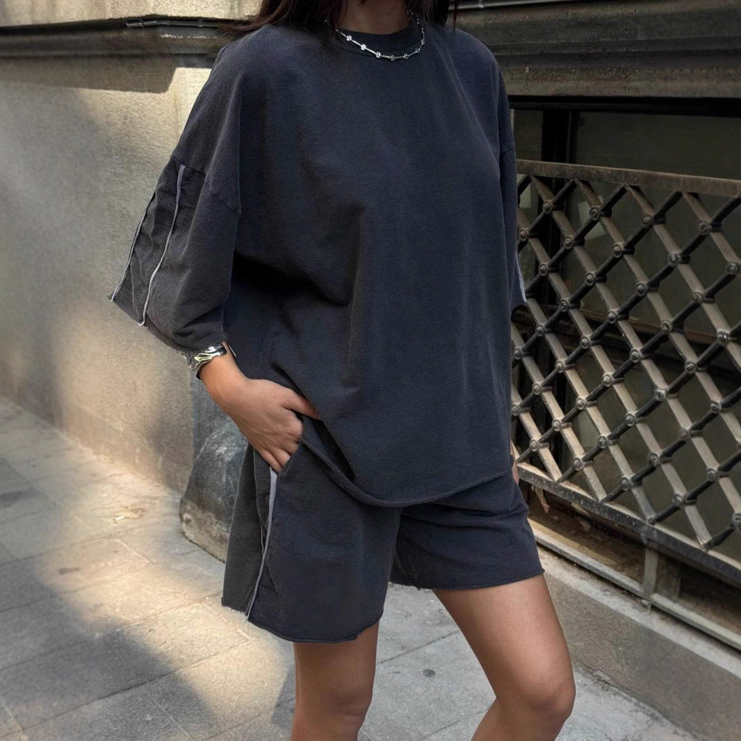 Damen lässiges Kurzarm- und Shorts-Set mit modernen Akzenten Drune