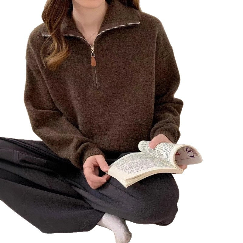 Damen Modischer Pullover mit Stehkragen und Reißverschluss Drune