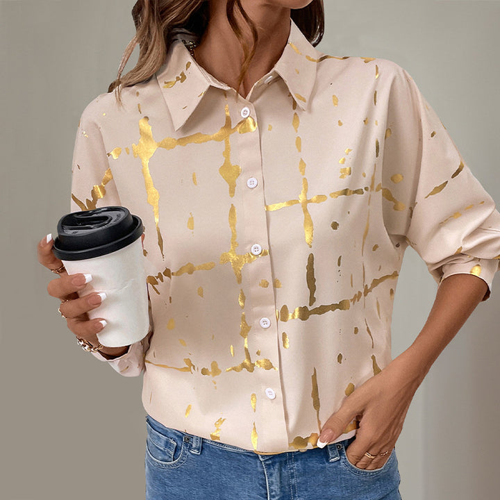 Damen Elegante Langarm-Bluse mit Gold-Folienprint, Hemdkragen und lockerem Schnitt Drune