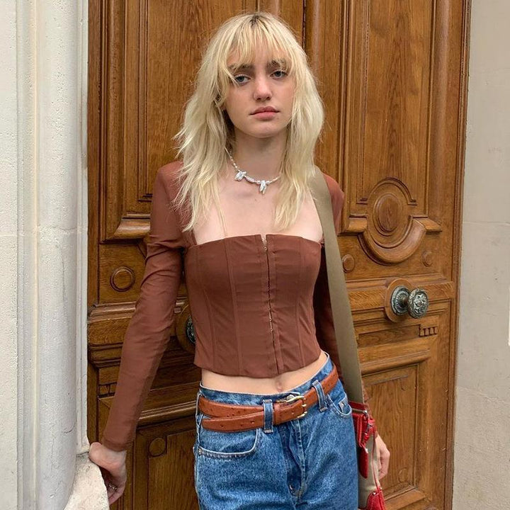 Damen Cropped Oberteil mit transparenten Ärmeln und strukturiertem Schnitt Drune