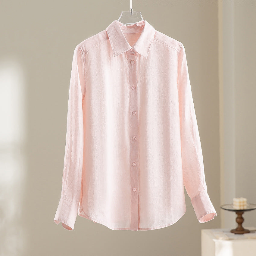 Damen Locker fallende Leinenmix-Bluse mit Hemdkragen und Manschetten Drune