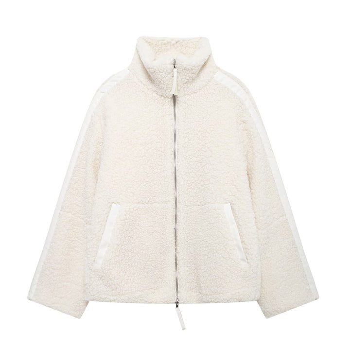 Damen Teddy-Fleece-Jacke mit Stehkragen und Lederoptik-Details Drune