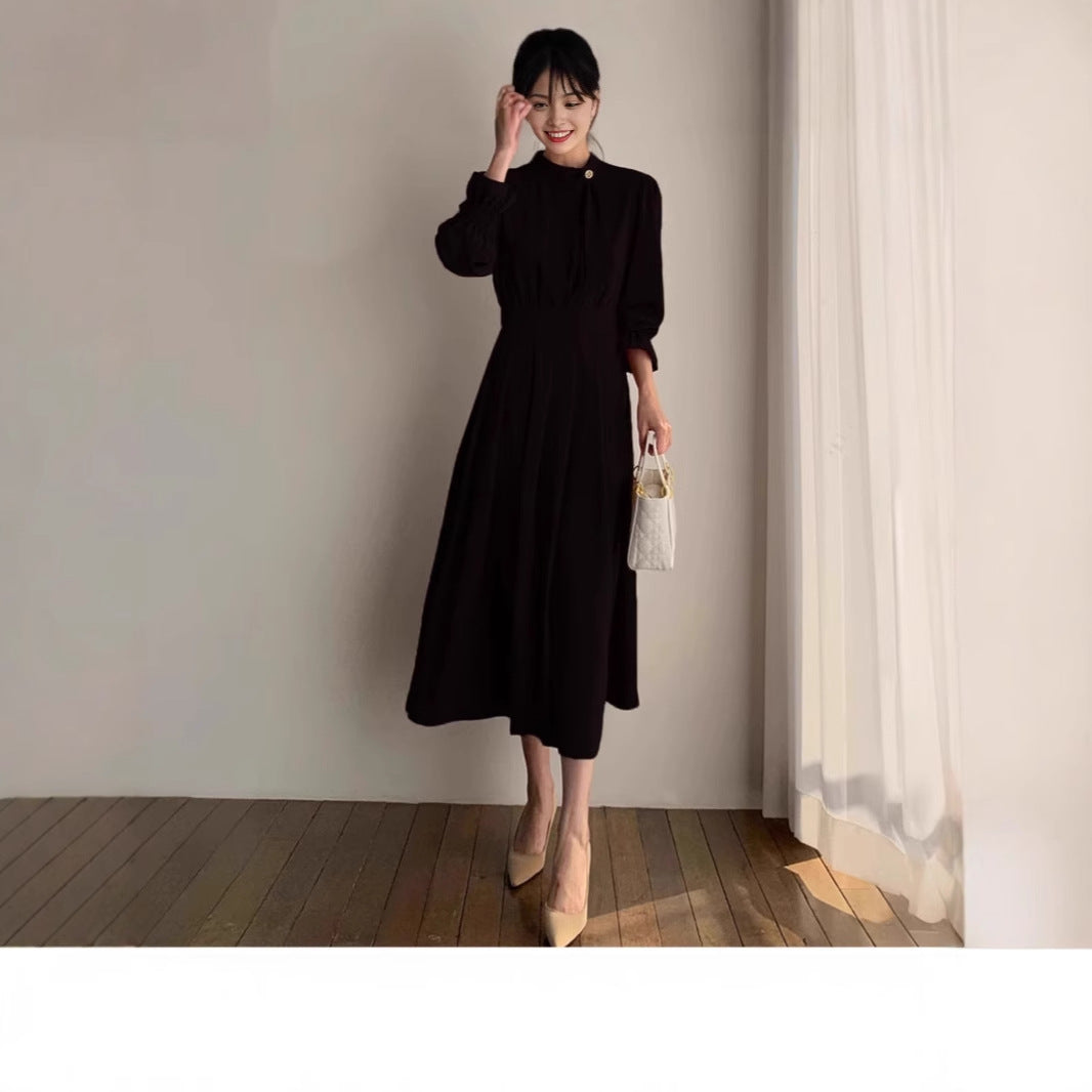Damen Midikleid mit Stehkragen, Schleifenblende und geraffter Taille Drune