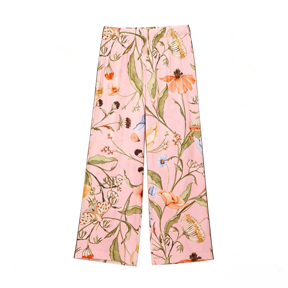 Damen nan weite hochtaillierte Satinhose mit floralem Allover-Print und elastischem Bund Drune