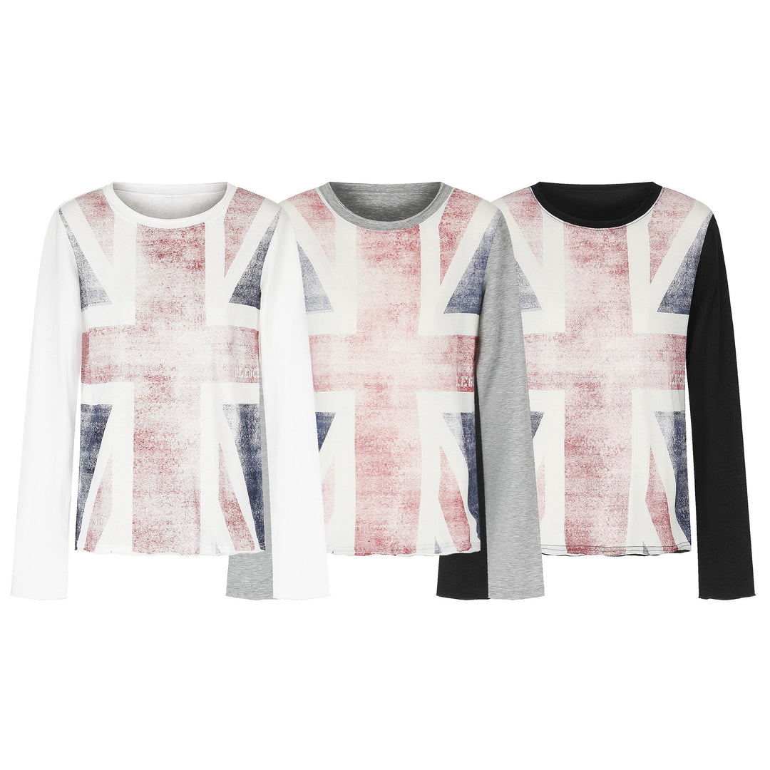 Damen Rundhals-Longsleeve aus Baumwollmix mit Vintage-Union-Jack-Print und Kontrastärmeln Drune