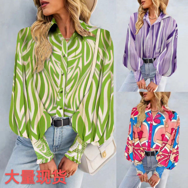 Damen Bluse mit voluminösen Ärmeln und Kombination aus modernem Muster Drune