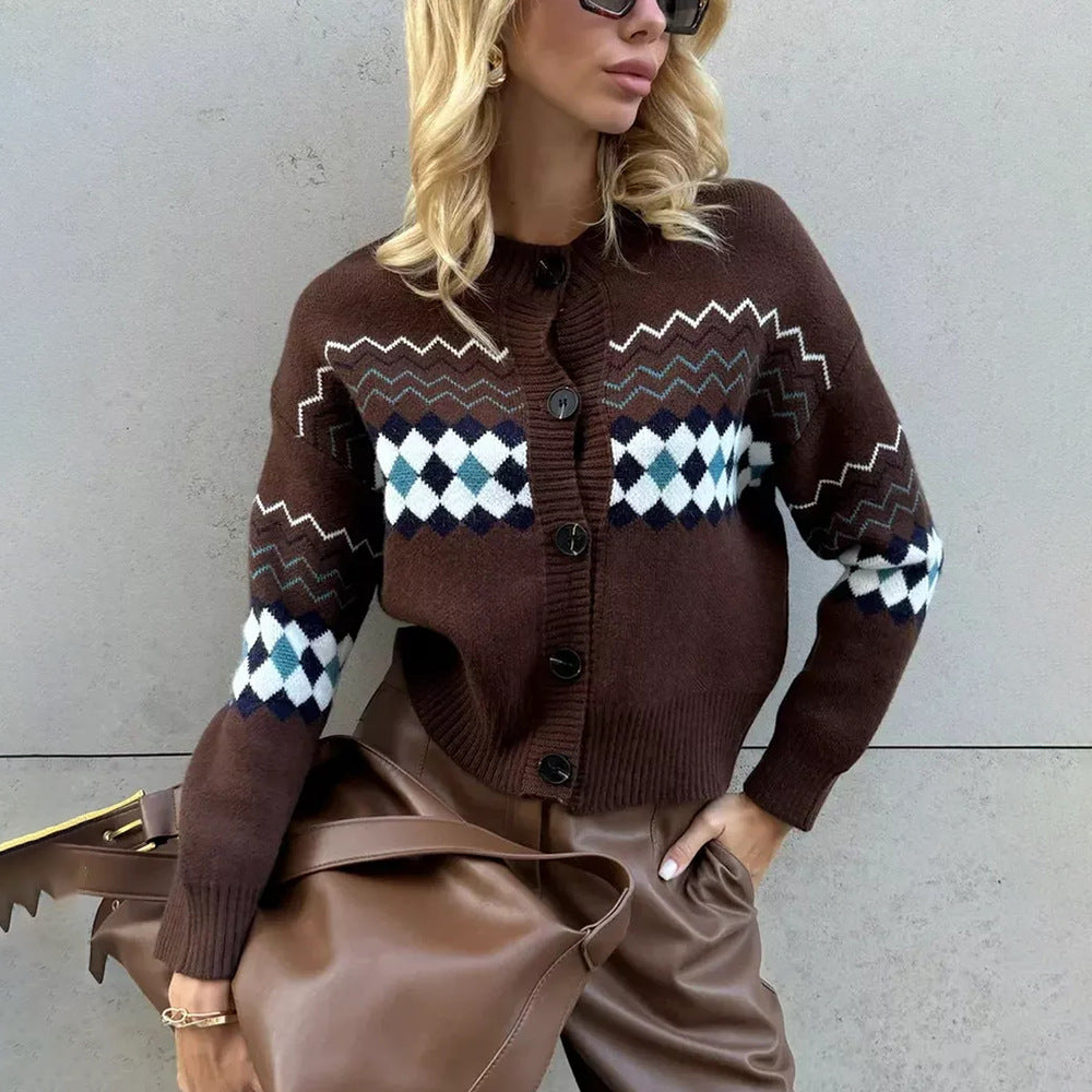 Damen Strickjacke mit modernem Rautenmuster und Knopfverschluss Drune
