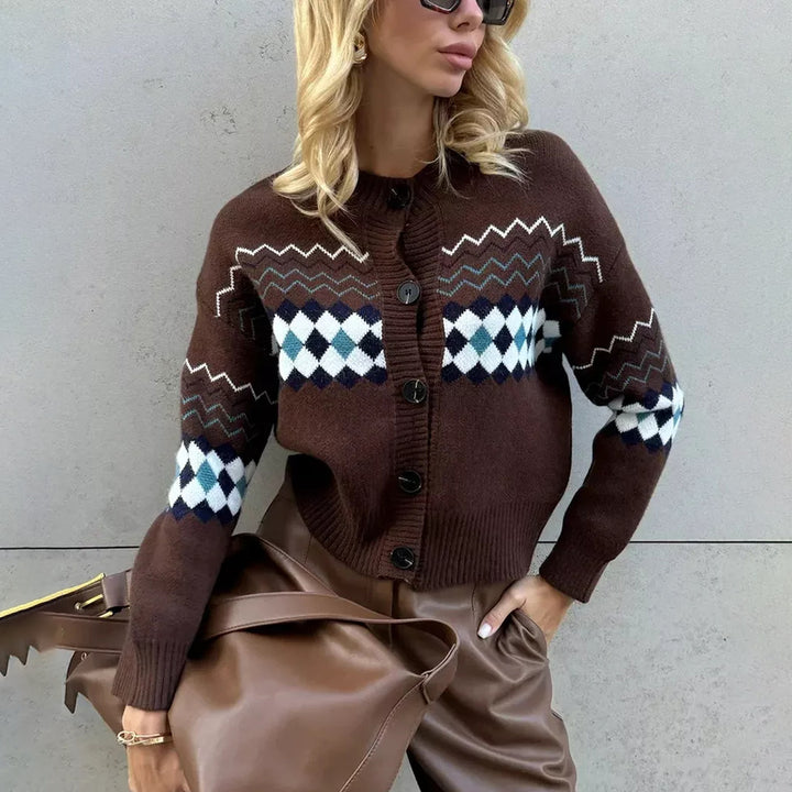 Damen Strickjacke mit modernem Rautenmuster und Knopfverschluss Drune