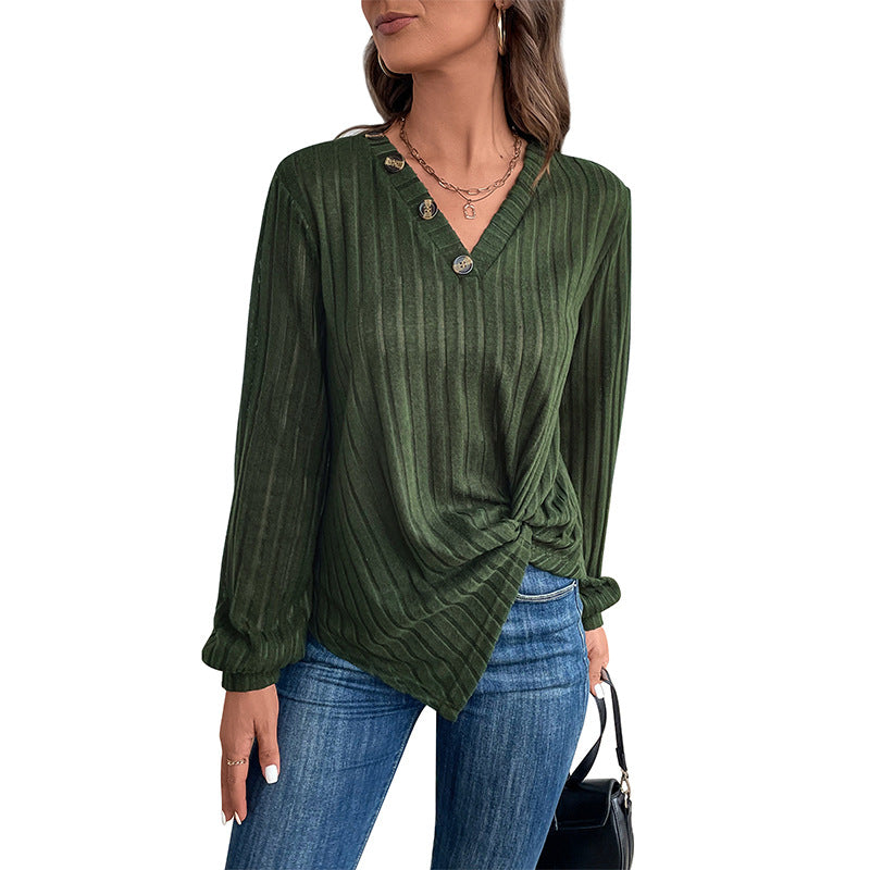Damen Geripptes V-Ausschnitt Langarmshirt mit Twist-Knoten und Zierknöpfen Drune