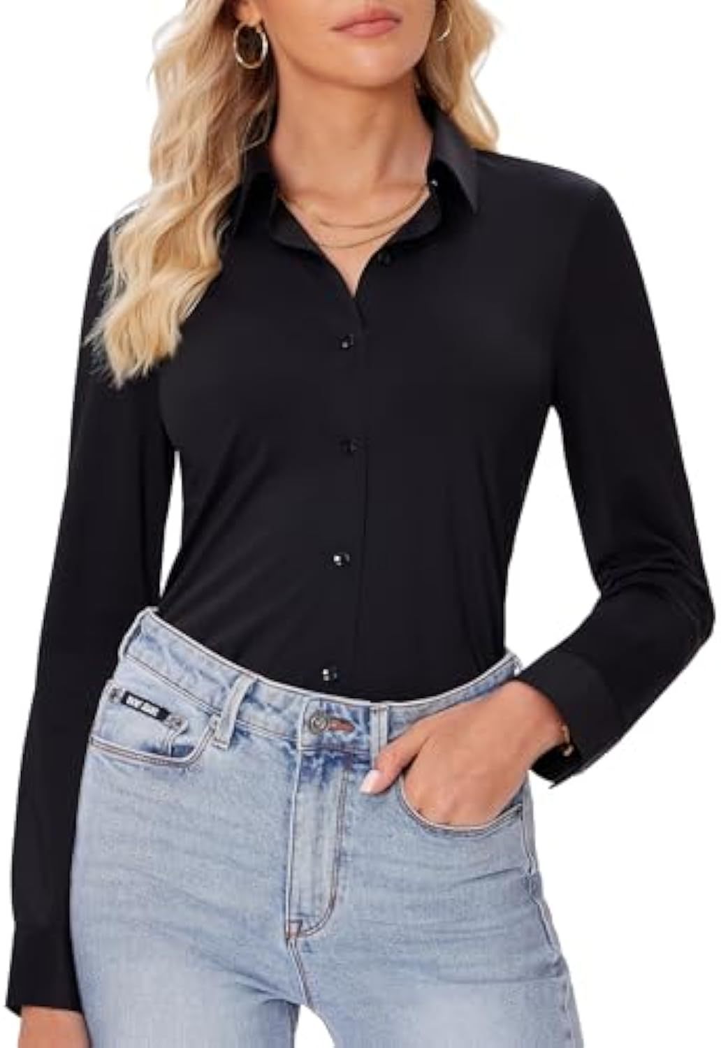 Damen Klassische Viskose-Stretch Hemdbluse mit Kentkragen und Manschetten Drune