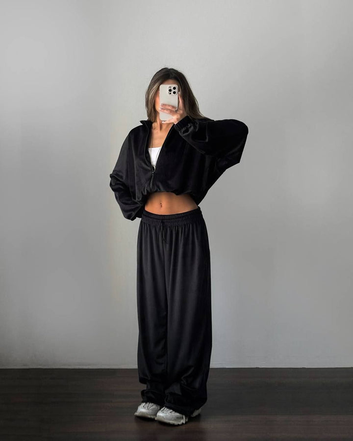 Damen lässiges Lounge-Zweiteiler Set mit Oversize Zipjacke und weitem Bundhose Drune