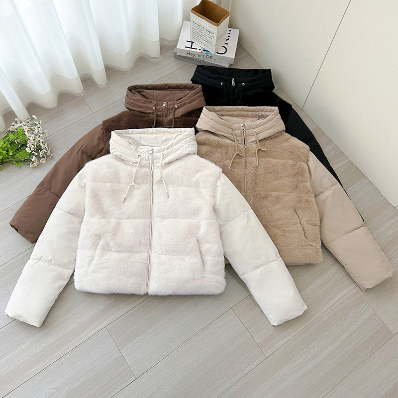 Damen Kurze Hybrid-Winterjacke mit samtiger Kunstfellfront und Kapuzenkragen Drune