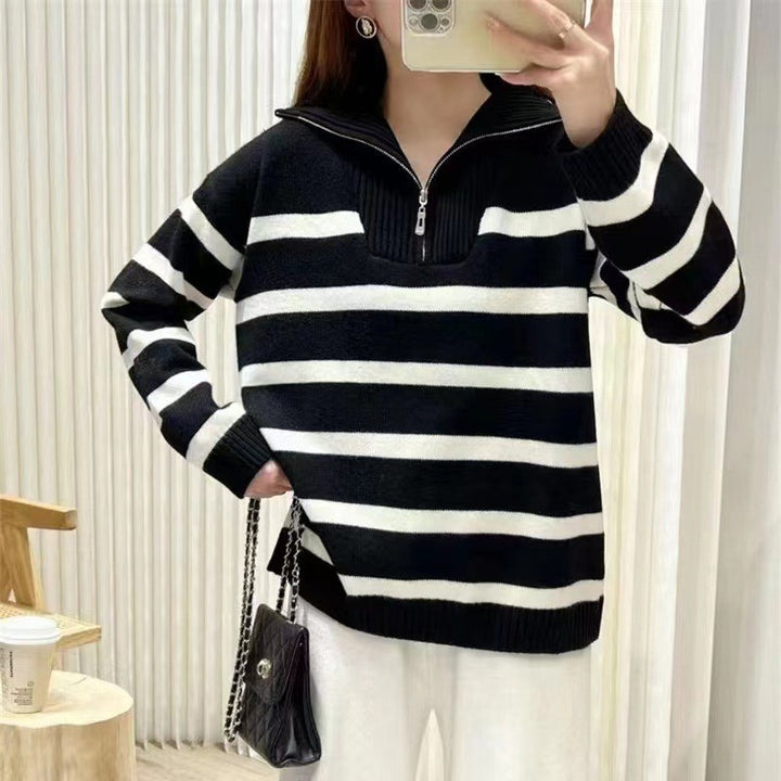 Damen Gestreifter Halb-Reißverschluss Strickpullover mit Rippenkragen Drune