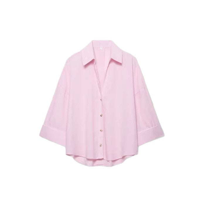 Damen Leichte Oversize Leinenoptik Bluse mit Dreiviertelärmeln und durchgehender Knopfleiste Drune