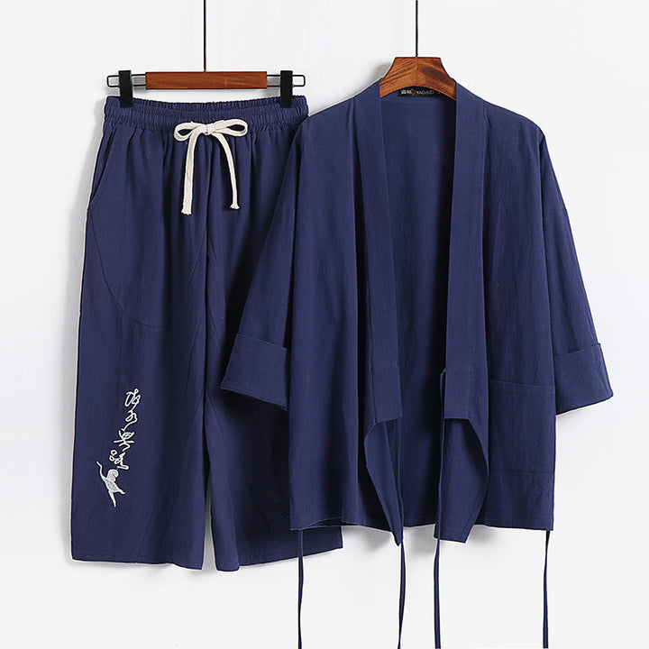Unisex Leichtes Kimono-Loungewear-Set aus Baumwoll-Leinen mit bestickter Haremshose und Bindegürtel Drune