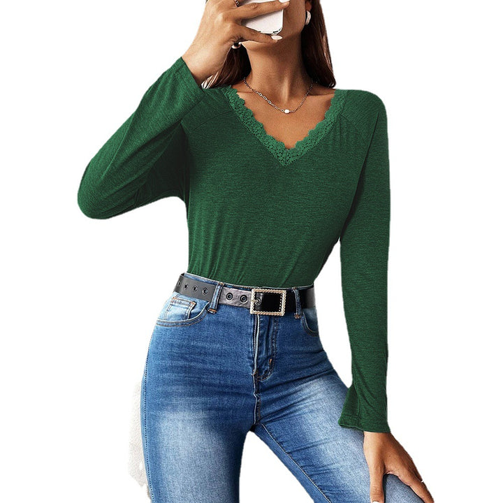 Damen feines V‑Neck Langarmshirt mit Spitzenbesatz, leichtem Feinstrick und lässiger Silhouette Drune