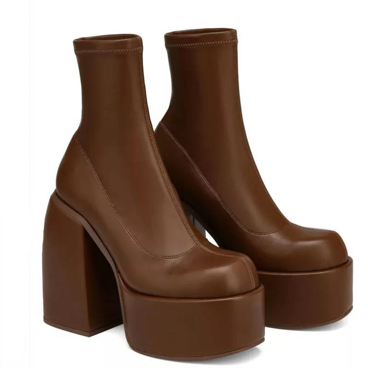 Damen nan Plateau-Stiefelette mit hohem Blockabsatz, nahtlosem Stretchschaft und robuster Laufsohle Drune