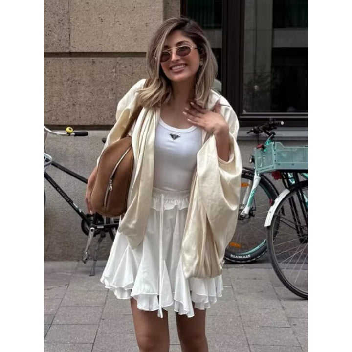 Damen Oversize Plissée-Hemdbluse mit Frontreißverschluss, Kellerfalten und Ballonärmeln Drune