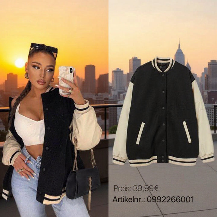 Damen Lässige Collegejacke mit kontrastierenden Ärmelakzenten und praktischen Taschen Drune