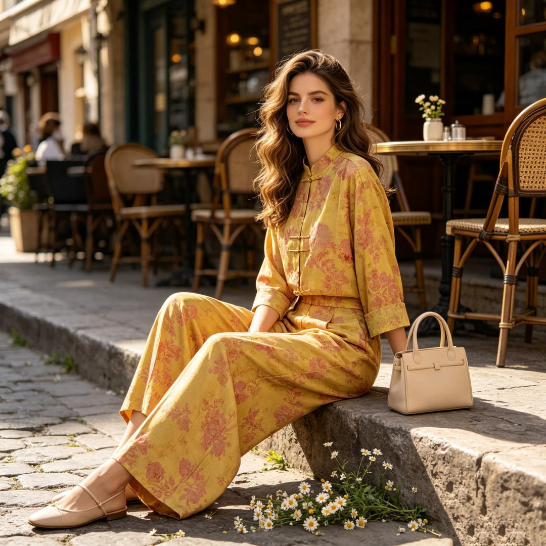 Damen Zweiteiliges Jacquard-Set mit Stehkragen und Knotenverschlüssen Drune
