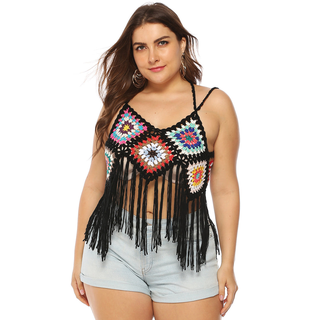 Damen gehäkeltes Crop-Top mit buntem Fransen-Design Drune