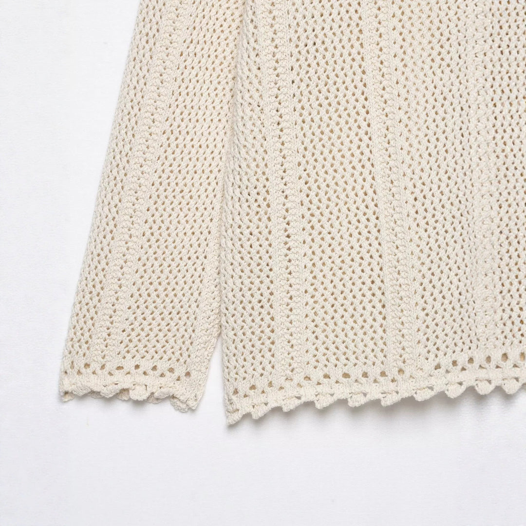 Damen Gehäkelte Kurzstrickjacke mit Scallop-Kante und Ajour‑Lochmuster Drune
