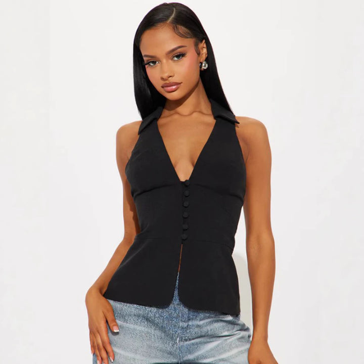Damen elegantes ärmelloses Top mit figurbetontem Schnitt und stylischem Kragen Drune