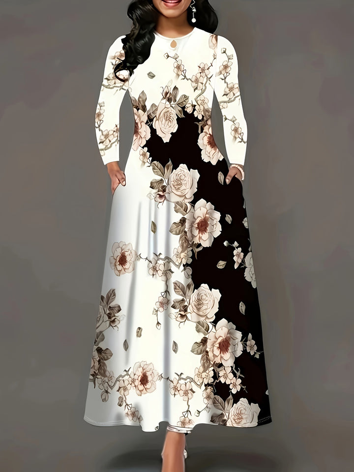Damen Maxikleid mit floralem Allover-Print, A‑Linie, Langarm und Schlitzdetail Drune