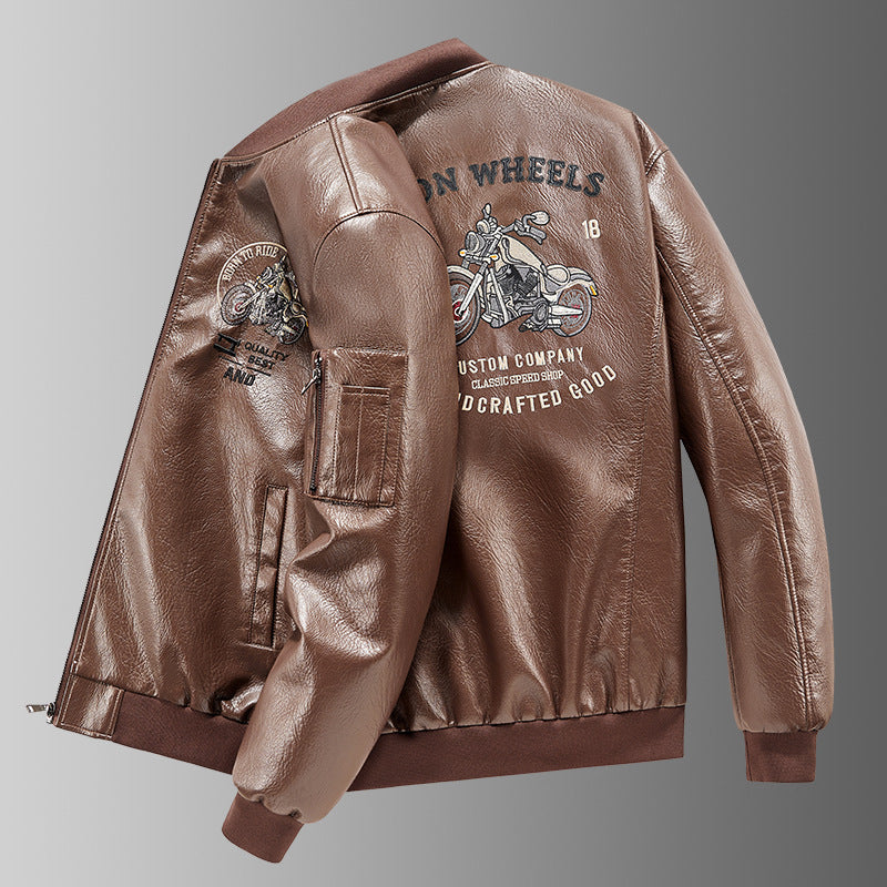 Men's  motorcycle graphic faux-leather varsity bomber with embroidered back panel and sleeve utility pocket Drune