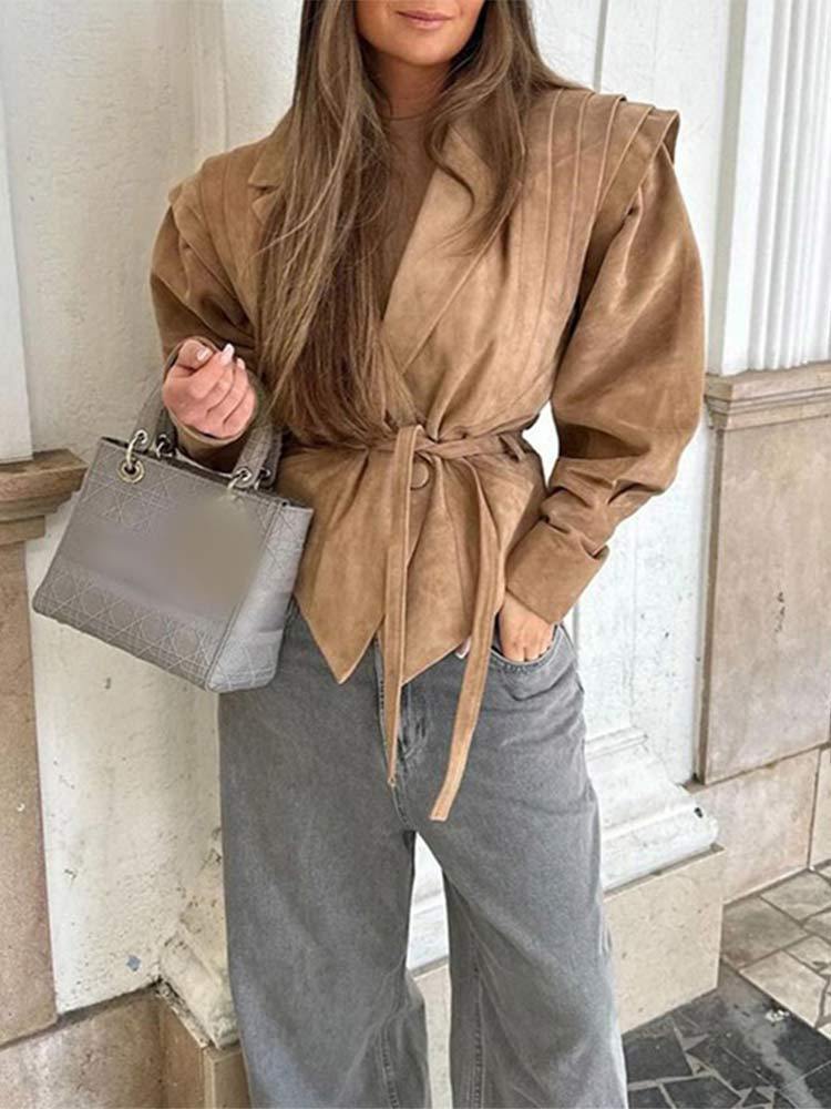 Damen Modischer Blazer mit geglätteten Schulterdetails und Bindegürtel Drune