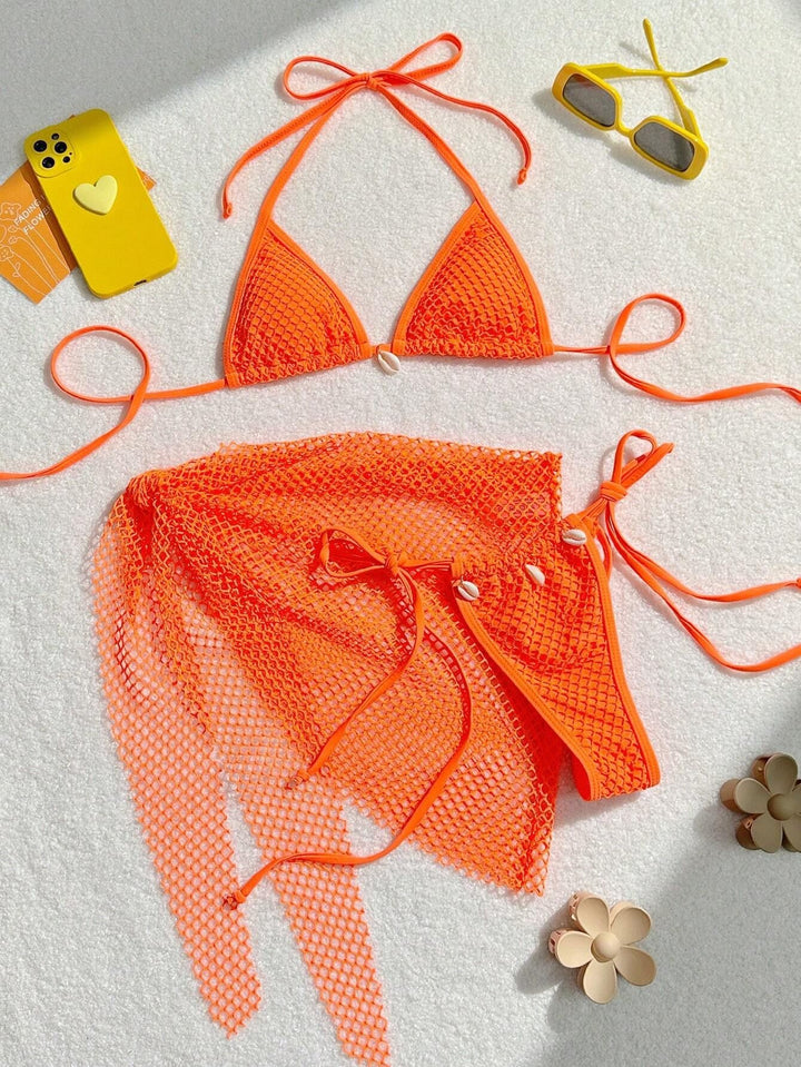 Damen Triangel-Bikini mit transparentem Netzgewebe und Schnürdetails Drune
