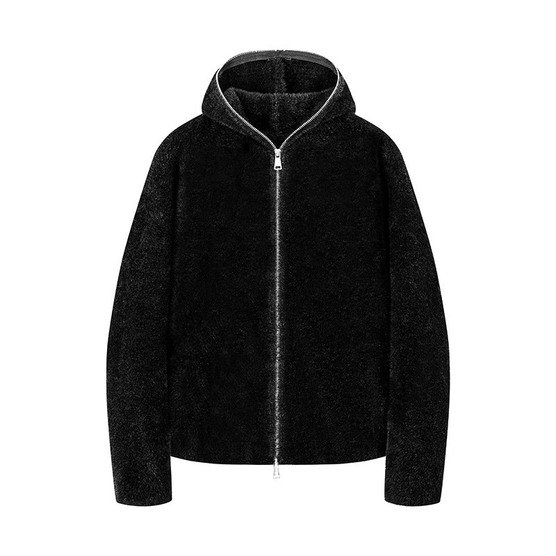 Damen Kurz geschnittene Teddy-Fleece-Kapuzenjacke mit Metall-Reißverschluss Drune