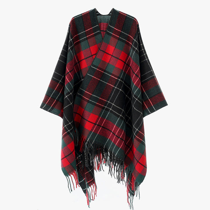 Damen Oversize-Kimono-Capeponcho im Karomuster mit Fransensaum Drune