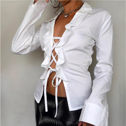 Damen Bluse mit voluminösem Rüschendesign und taillierbarem Schnitt Drune