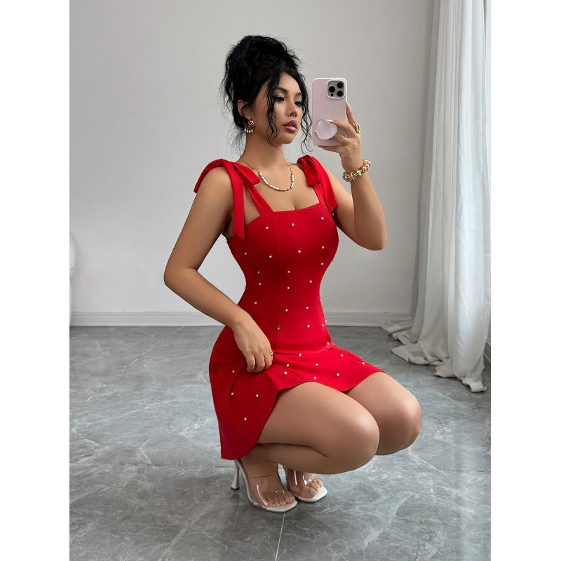 Damen Minikleid mit dekorativen Trägern und glamourösen Perlendetails Drune