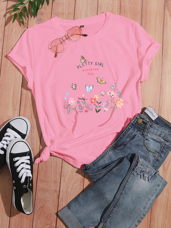 Damen T-Shirt mit verspieltem Blumendruck und elegantem Aufdruck Drune