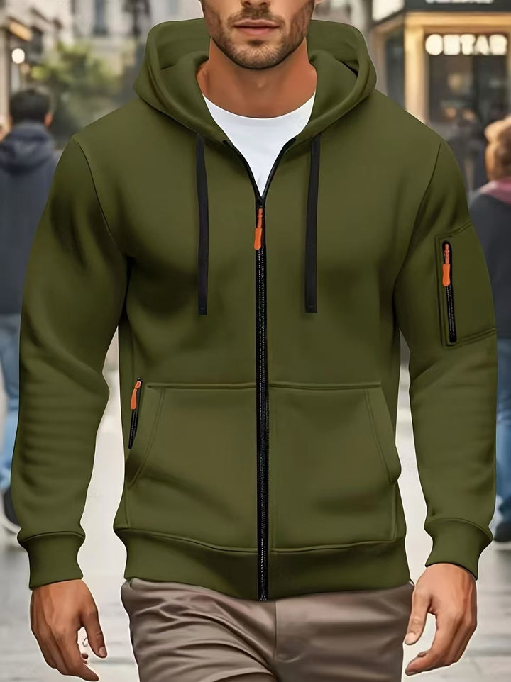 Herren nan funktionale Kapuzenjacke mit durchgehendem Reißverschluss, Ärmeltasche und elastischen Bündchen Drune