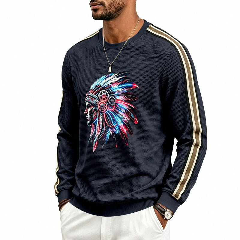 Herren Sweatshirt mit Federkopfschmuck-Print, Waffelstruktur und kontrastierenden Schulterstreifen Drune