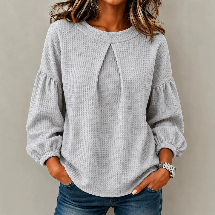 Damen Waffelstrick-Longsleeve mit Balloonärmeln und Vordernaht-Schlitz Drune