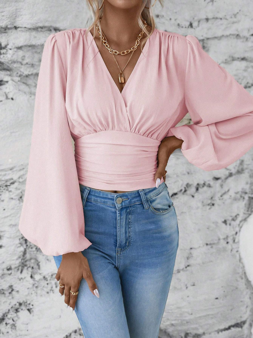Damen Wickel-Cropped-Top mit geraffter Taillenpartie und weiten Ballonärmeln Drune