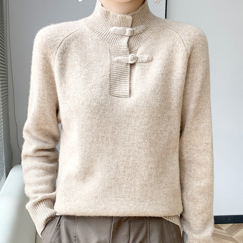 Damen Kaschmir‑Optik Mockneckpullover mit dekorativer KnDruneelknopfblende Drune