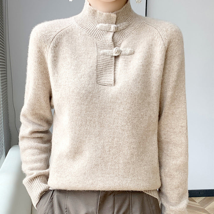 Damen Kaschmir‑Optik Mockneckpullover mit dekorativer KnDruneelknopfblende Drune