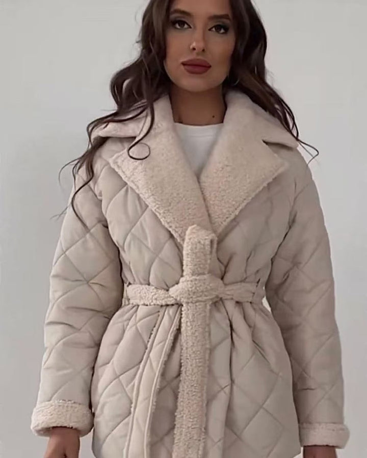 Damen gesteppte Fleecejacke mit Gürtel und großem Kragen Drune