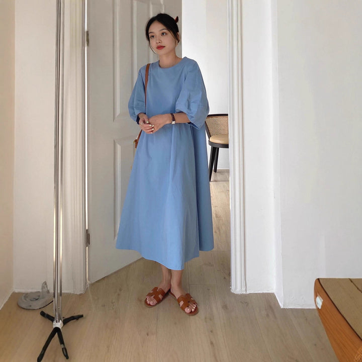 Damen Leichtes A-Linien Midikleid aus Baumwoll-Popeline mit ballonförmigen Ellenbogenärmeln Drune