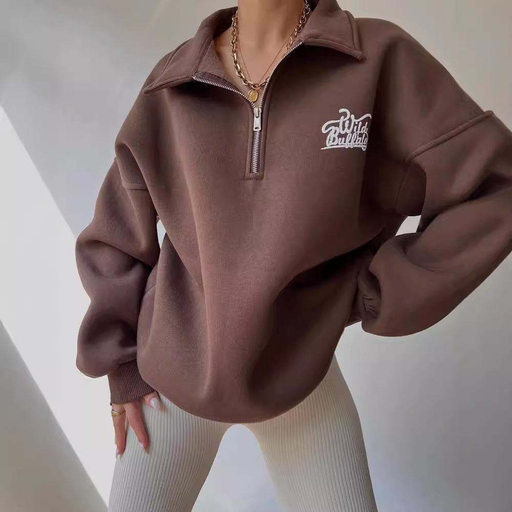 Damen Oversized Halbzip-Sweatshirt mit Stehkragen und gesticktem Logo Drune